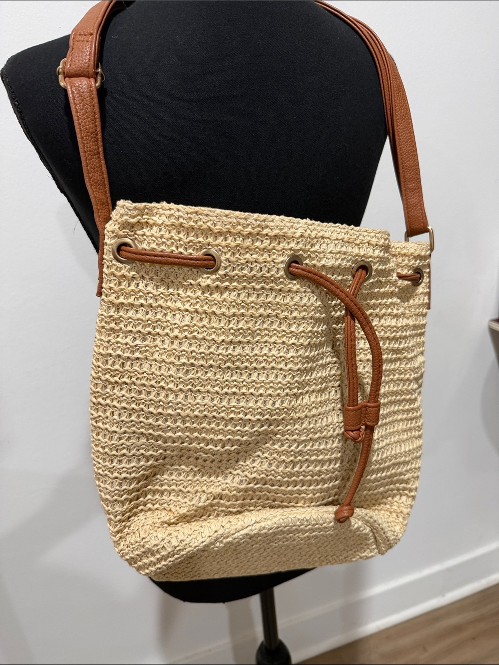 Montce Beige Woven Bucket Bag with Brown Trim